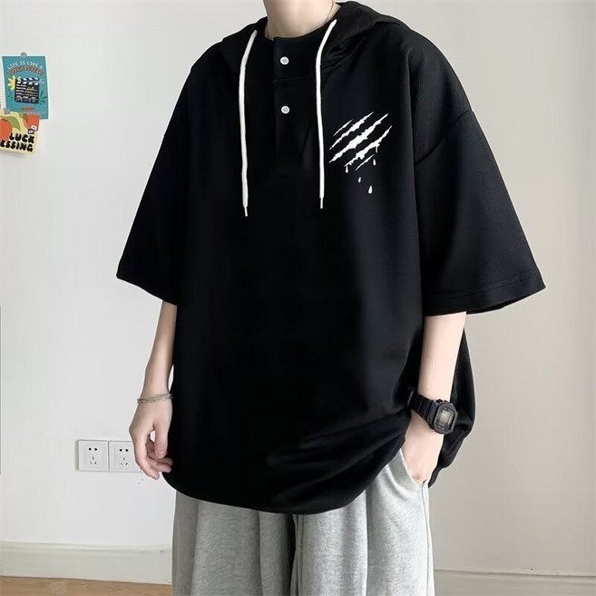 남성 반팔 후드 티셔츠 캐주얼 봄 여름 남자 상의 루즈핏 데일리 반소매 후드티 LPC
