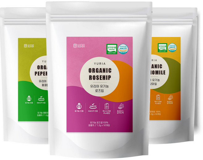 유리아 유기농 생분해 삼각티백 50T 페퍼민트 히비스커스 캐모마일 로즈힙 루이보스티 오렌지 차, 유기농 페퍼민트 생분해 삼각티백 50T, 1.2g, 1개, 50개입