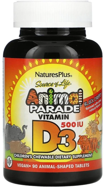네이처스플러스 애니멀 퍼레이드 비타민 D3 500IU 블랙체리 츄어블, 90정, 1개 - 쿠팡