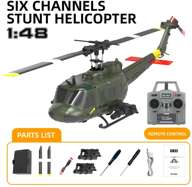 C032 RC 헬리콥터 ERA 6채널 에일러론 자유 역방향 비행 스턴트 UH-1 전동 RC 항공기 (플립 광학 흐름 포, 01 Green
