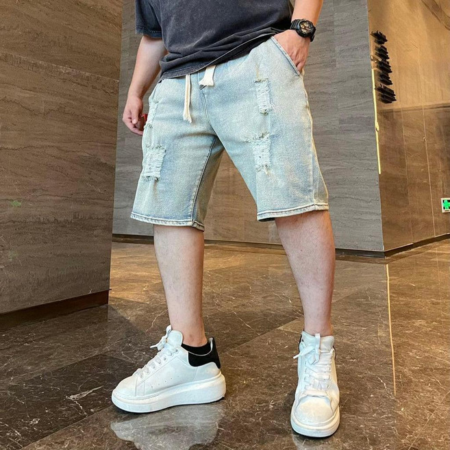 夏季大碼男裝破洞牛仔短褲 加肥加大五分褲