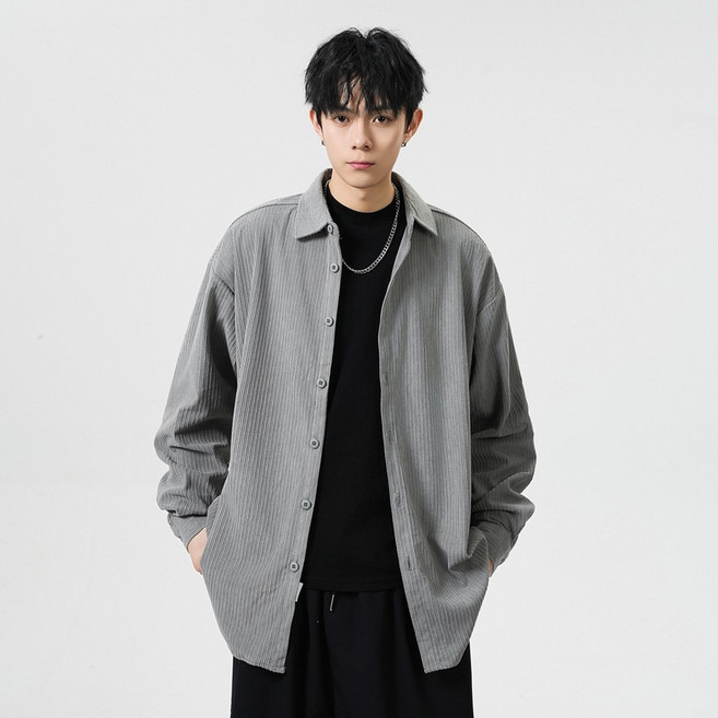 ANYOU 남성 코듀로이 오버핏 셔츠 봄가을 캐주얼 룩 남자 데일리 셔츠 커플룩