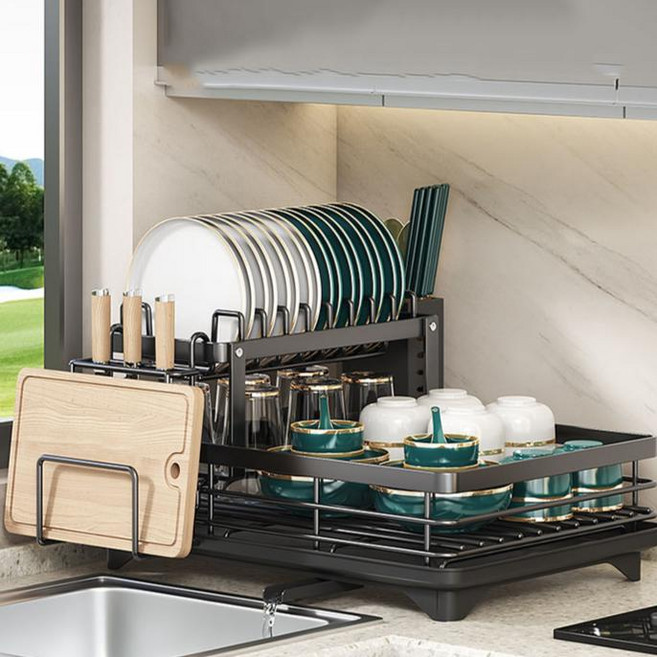 DS 분리 가능 1단 2단 식기건조대 수저통 도마거치대 자동배수 물빠짐 선반, 블랙, 1개