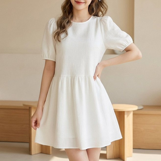 라뷰드 반팔 셔링 캉캉 미니 원피스 여성 봄 가을룩 A라인 레이어드 플레어 주름 치마 체형 커버 데일리룩 퍼프 소매 캐주얼룩