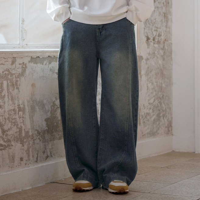 스몰더 남자 와이드 워싱 브로딘 밴딩 청바지 팬츠