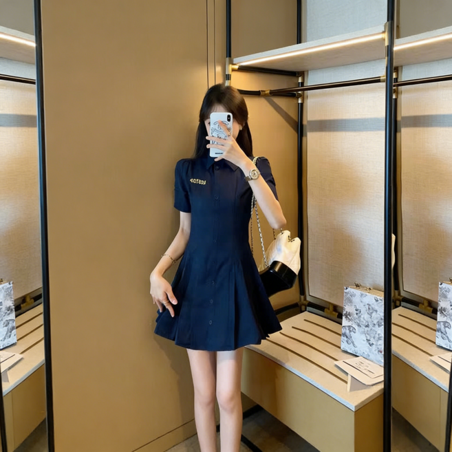 BiimTee 여성 셔츠 원피스 반팔 하이웨이스트 플레어 미니 원피스 캐주얼 데일리 드레스