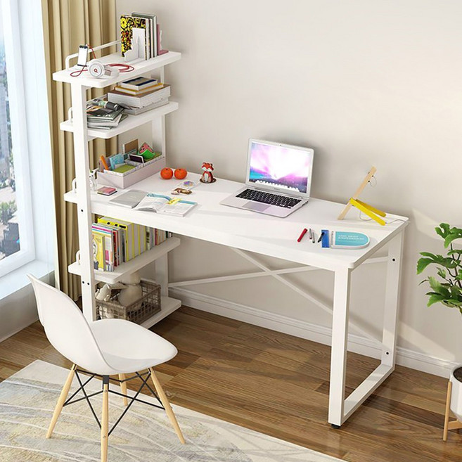 침실 간이 수납 책상책장 서재 학생 공부용 컴퓨터 책상, 화이트+화이트