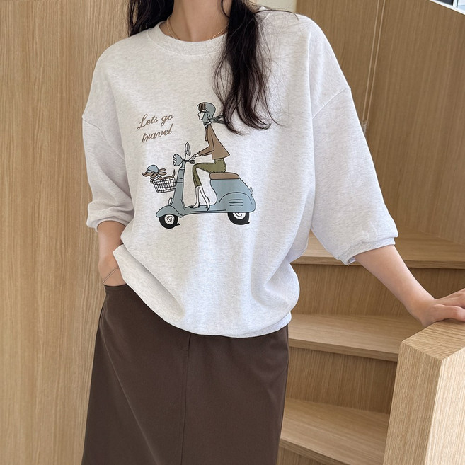 데일리앤 슬링트 7부 반팔 프린팅 여성 데일리 맨투맨 루즈핏 가을 박스티 라운드 시보리 티셔츠