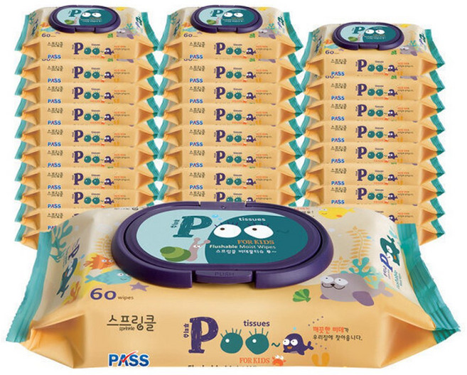 스프링클 물에녹는 비데물티슈 POO티슈 60매X30팩), 70g, 60매, 30박스