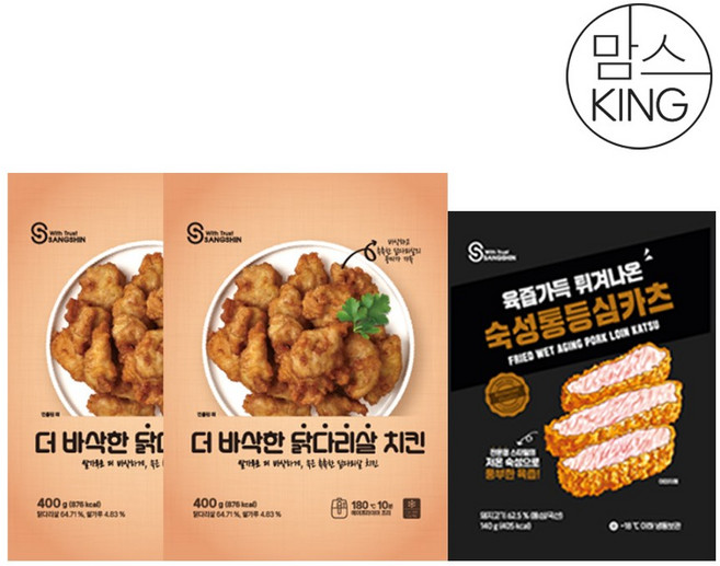 [맘스킹] 상신 돈까스 더 바삭한 닭다리살 치킨 400gX2개+숙성통등심카츠 140g, 940g, 1개