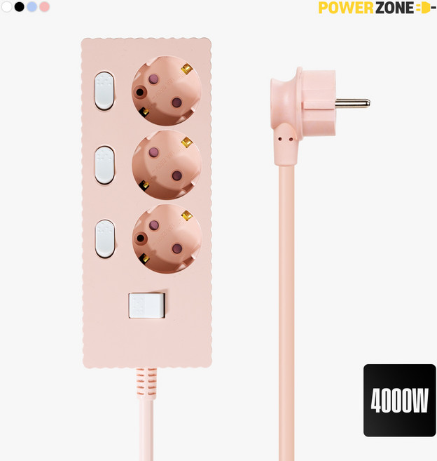 파워존 웨이브 고용량 개별스위치 멀티탭 과부하차단 3구 멀티콘센트 전기코드 50cm 1.5m 3m 5m 7m, 1개, 파스텔핑크