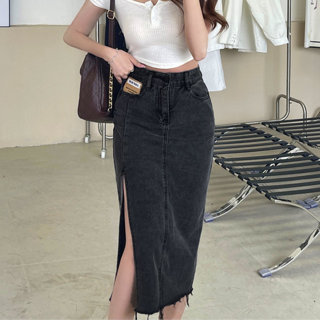 믹스블링 슬릿 데님 옆트임 롱 청 치마 스커트 슬림핏