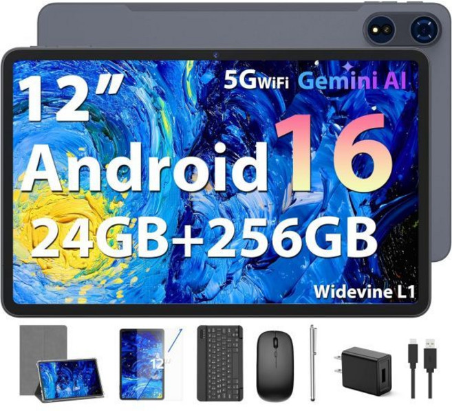 2026 안드로이드 16 태블릿 12인치 키보드 포함 24GB+256GB+2TB 확장 가능 전자 PC 2K 제미니 AI 8000mAh 옥타코어 GMS GPS 2in1 대형 케이, YLEEBG 은색