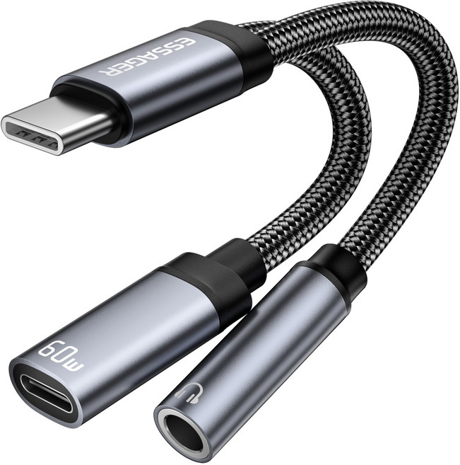 Essager PD 60W C타입 마이크 이어폰 고속 충전 듀얼 젠더 3.5mm/C타입 연결 잭, 1개, 3.5mm