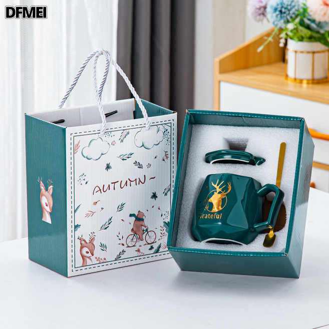 DFMEI 杯子伴手禮套裝陶瓷水杯禮品開業活動隨手禮馬克杯禮盒高顏值, 1個, 鹿套裝杯-鑽石:350ml