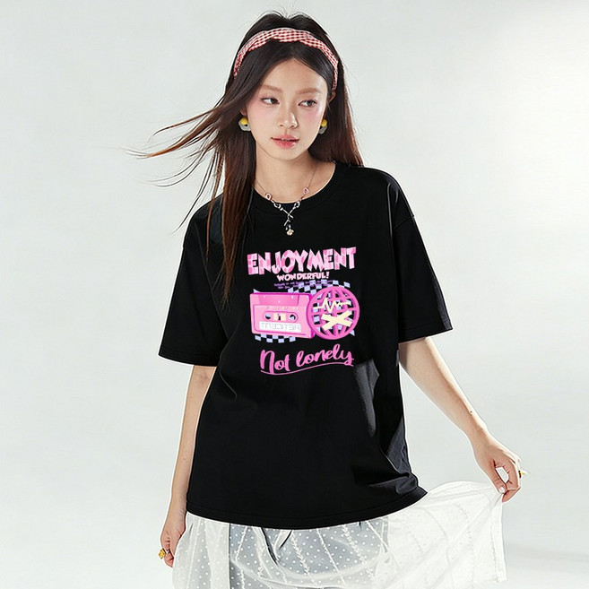 FONOW 여성반팔면티 모던 빈티지 트렌드 와이드 통기 반팔티셔츠 가족티