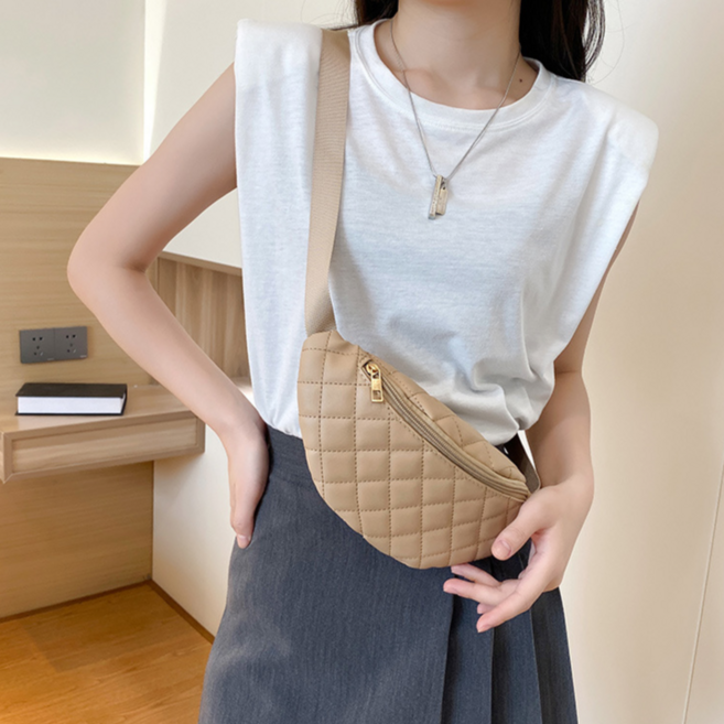 PU가죽 여성용 자수 힙색가방 다용도 크로스백, 베이지, 1개