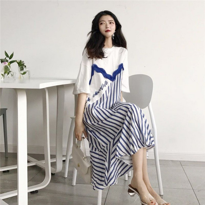 임산부 수유용 원피스 출산 후 편안한 긴 원피스 여성용 여름 스트라이프 간편 모유 수유 드레스 JXH