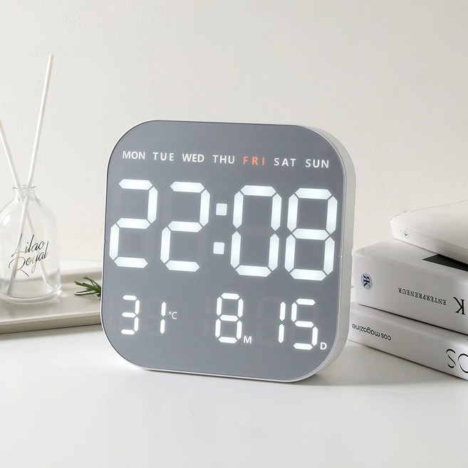 벨레스 미러 LED 디지털 벽시계 탁상시계, 화이트