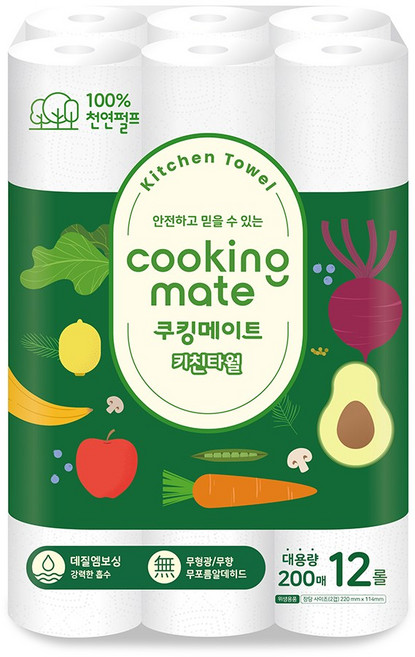 [그린] 쿠킹메이트 키친타월 200매, 12롤, 1개