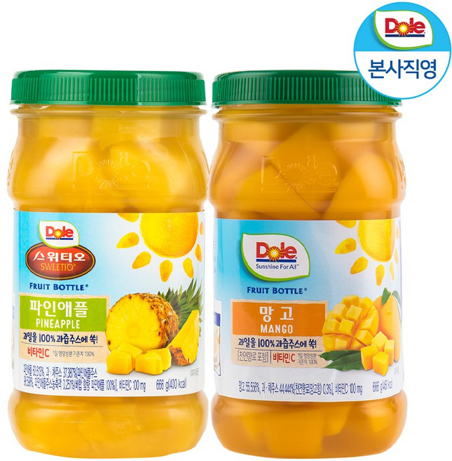Dole 돌 후룻바틀 과일 통조림 2팩 4종 - 파인애플 망고 황도 트로피칼 복숭아, 후룻바틀 망고 666gx1개, 후룻바틀 파인애플 666gx1개, 후룻바틀 망고 666gx1개