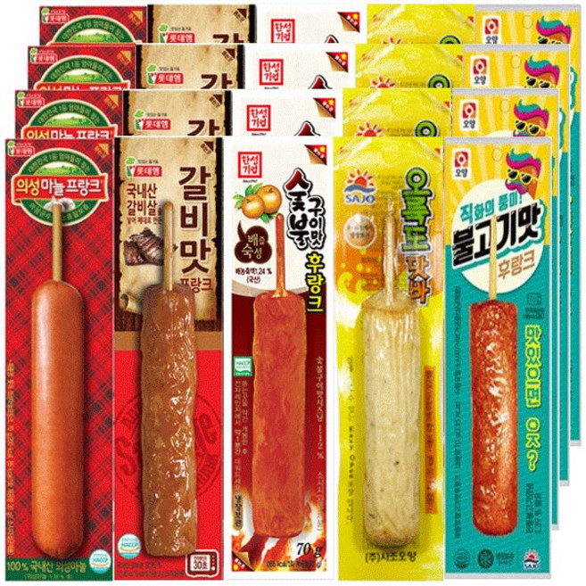 [다만세푸드] 의성마늘프랑크4+불고기맛후랑크4+배즙숯불구이후랑크4+오륙도맛바4+갈비맛4 70g 20개/편의점 핫바 소시지