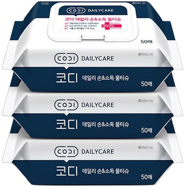 코디 데일리 손 소독 물티슈 캡형 50매 3팩, 3박스