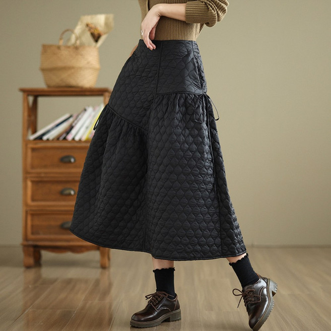 플랜앤유 여성 겨울 누빔 하이웨스트 A라인 플레어 따뜻한 패딩 밴딩 롱 스커트