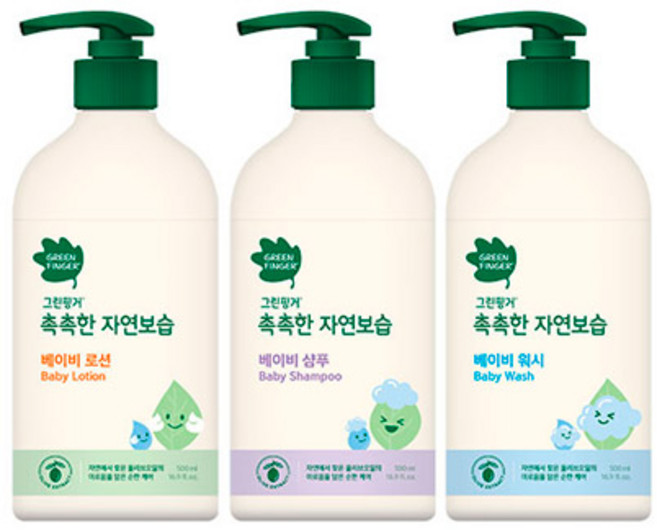그린핑거 촉촉한 자연보습 로션+워시+샴푸 3종 대용량 500ml, 로션+워시+샴푸 500ml