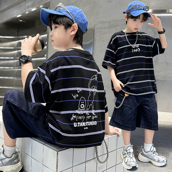 비비키드 남아 여름 레터링 캐릭터 프린팅 줄무늬 상하복 주니어 세트 초중생 반팔티 초등생 데님 카고 반바지 세트 (8805)