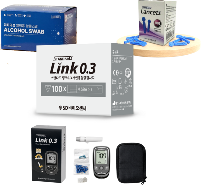 SD 글루코링크 0.3 스탠다드링크 혈당측정기 풀세트 [혈당계+시험지100매+침110개+솜100매+파우치+채혈기], 1세트