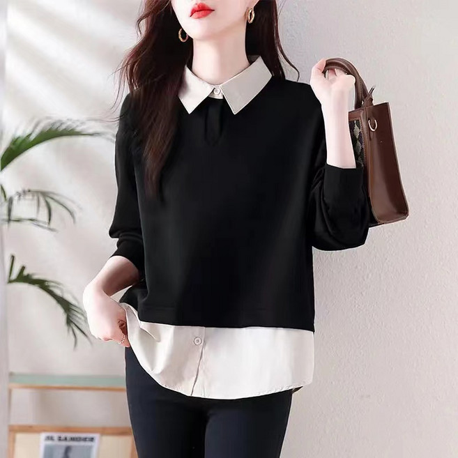 휠렉스 여성 봄 배색 카라 레이어드 블라우스 오피스룩 데일리 JT203
