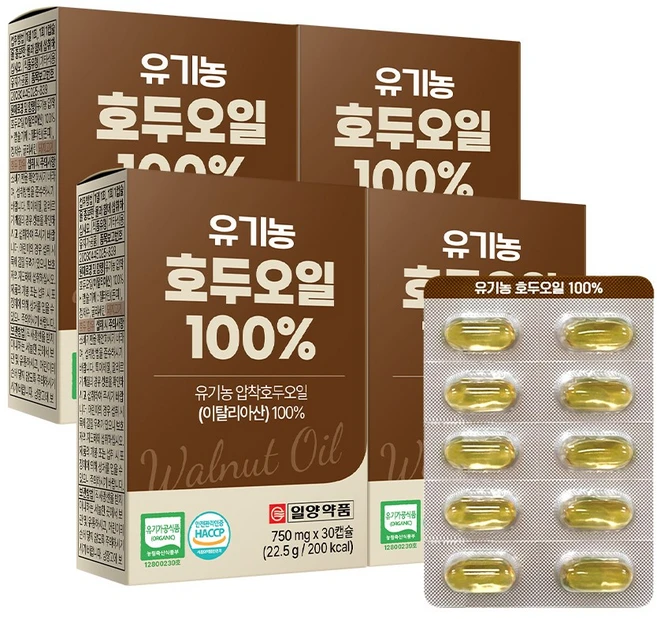 일양약품 유기농 호두오일 100%(750mg x 30캡슐), 4박스, 30정 - 쿠팡