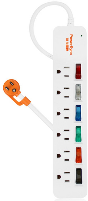 群加 3孔6開6插 彩色/單色開關防雷擊抗搖擺插座電源延長線1.2米，獨立開關，節能省電，多重安全保護, 1個, 彩色開關-白色, 白色, 1.2m