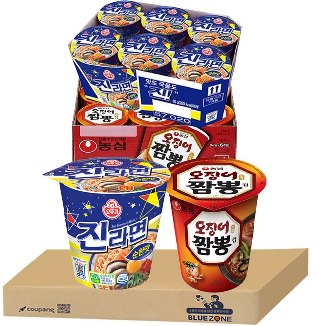 블루존 오징어짬뽕 소컵라면 67g (6입)+진라면 순한맛 소컵라면 65g (6입)
