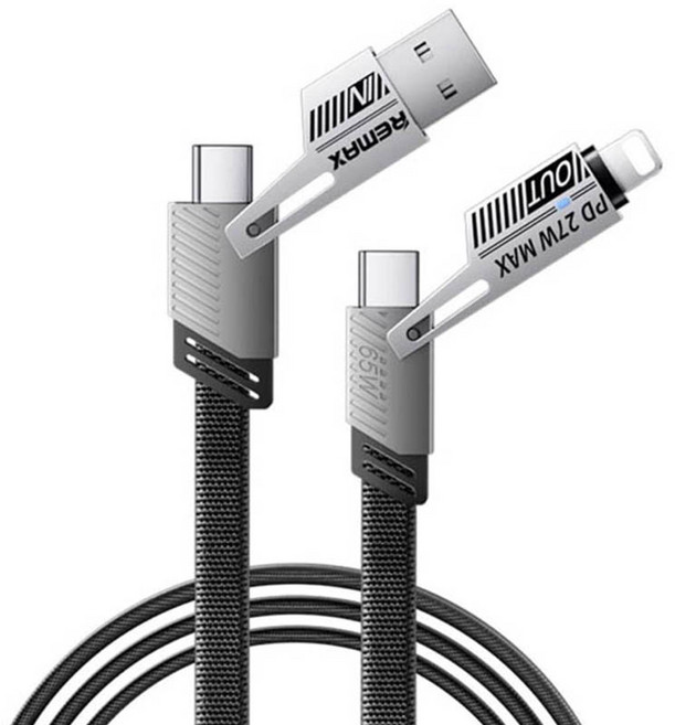 REMAX RC-C189 65W PD快充線 四合一鋅合金編織數據線 A+C-C+L, 黑色, 1個, 100cm