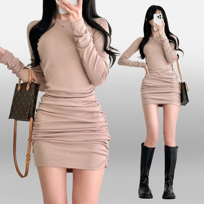 스트릿제이 섹시 페미닌 간절기 이너 베이직 셔링 원피스