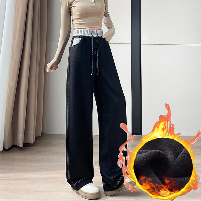 모몰라티 여성 융기모 와이드 청바지 허리밴딩 일자핏 데님 팬츠