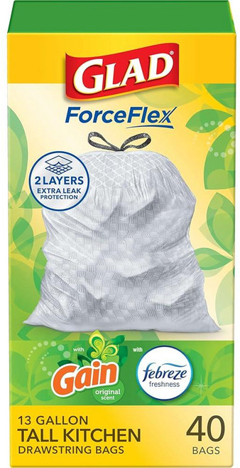 Glad ForceFlex 톨 키친 드로스트링 쓰레기 봉투 49.2L(13갤런) 오리지널 게인 80개입 (패키지는 다를 수 있음), 1개