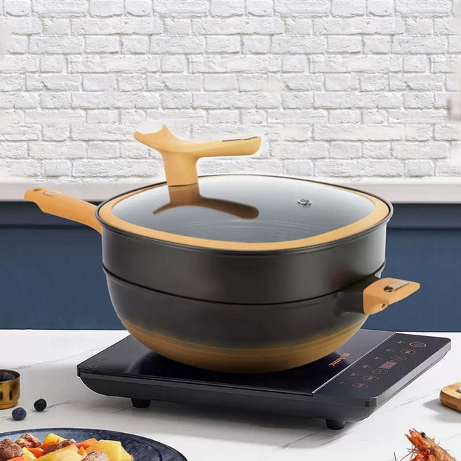 德柏朗 Frying Pan 不沾鍋方形炒鍋 鈦合金深炒鍋 適用多種爐具 烹飪鍋具, 1套, 32cm+Steam蒸盤+矽膠鏟, 32cm