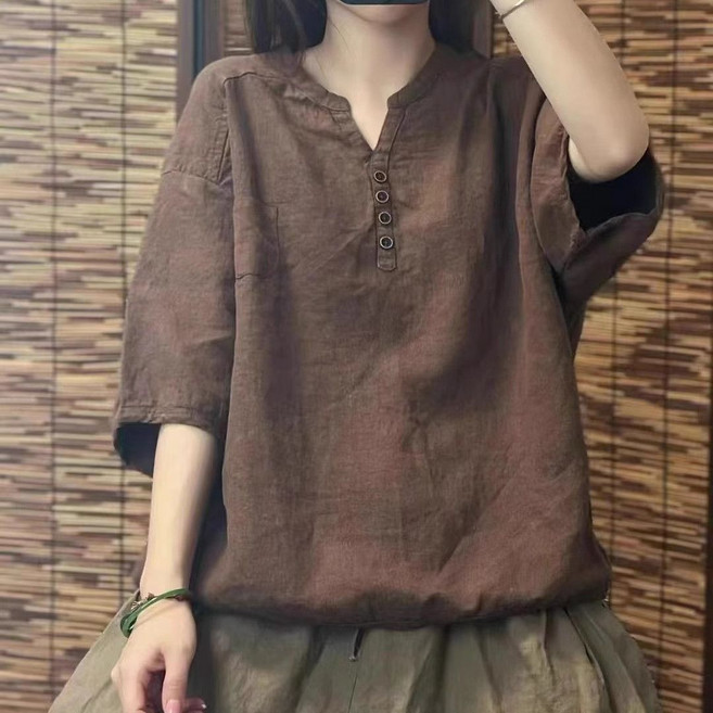 여성 데일리 린넨 반팔 브라우스 루즈핏 5부소매 남방