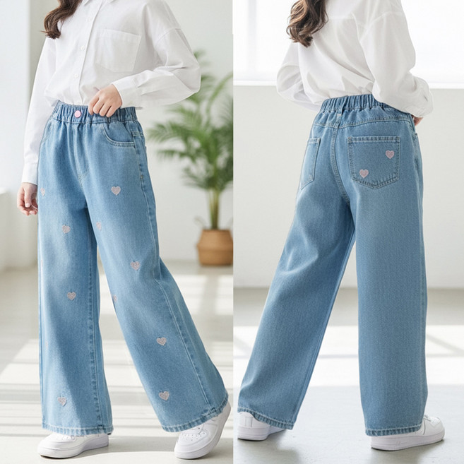달콩슈 주니어용 세미 와이드 청바지 자수 하트 밴딩 데님 여아 중등 고등 DKW201