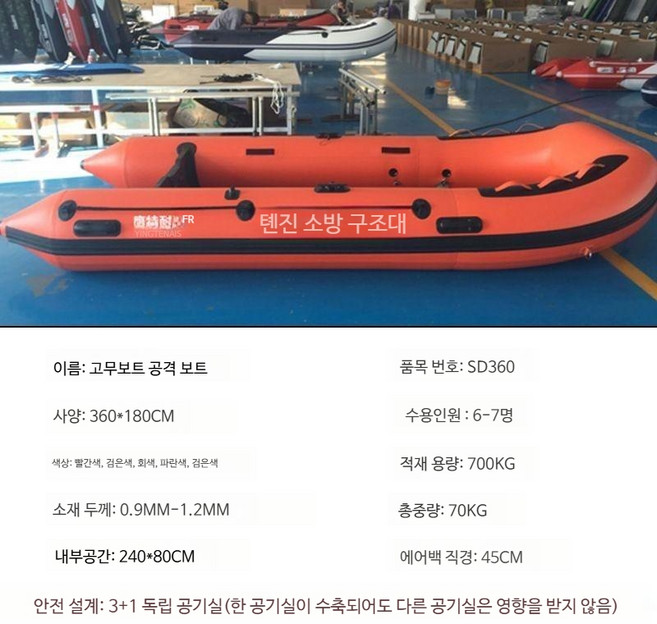 구해드림 고무보트 두꺼운 튜브 알루미큠 합금 바닥 재난 구조용 적합, 1.2mm 3.6m 6~7인승 공격정