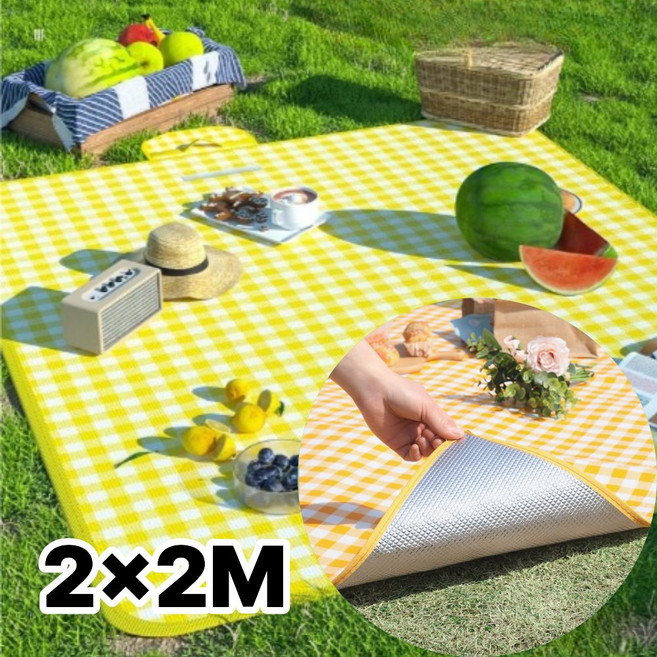홈앤 아웃도어 휴대용 방수 피크닉 매트 돗자리 대형, 체크옐로우