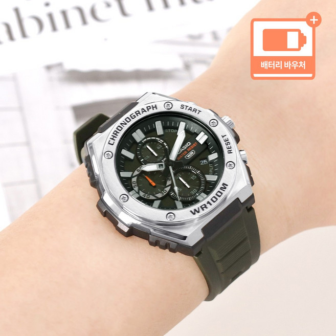 카시오 10기압 방수 크로노그래피 멀티 다이얼 아날로그 남자 우레탄 시계 + 배터리 바우처
