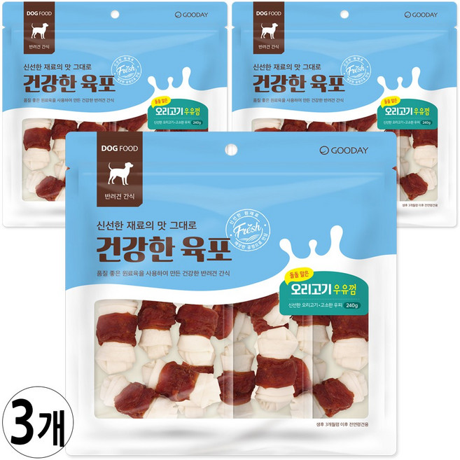 굿데이 강아지 건강한육포 돌돌말은 우유껌 240g (증정 리얼육포), 3개, 오리고기 우유껌