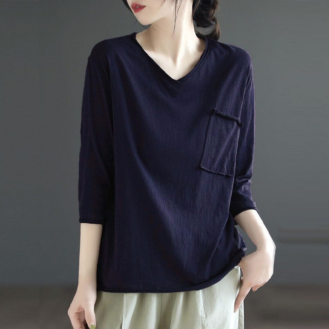 여성 봄 가을 브이넥 루즈핏 기본 예쁜 데일리 티셔츠 원포켓 주머니 간절기 (DB-5054)