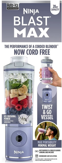 닌자 블라스트 맥스 휴대용 블렌더+트위스트 앤 고 무선 590ml 용기 셰이크 및 스무디용 BC200 (미국정품), 컬러 : Lavender