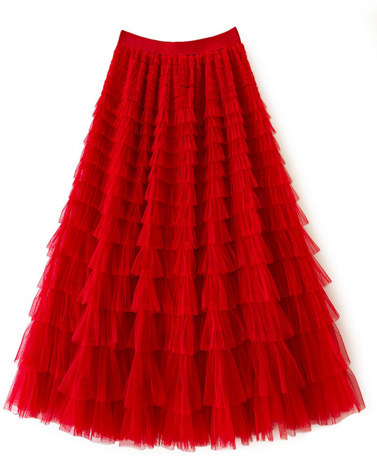 【名媛舞會】蛋糕傘裙 長裙 連衣裙 網紗裙 半身裙 大擺裙 中長款 韓版設計 多層網紗 生日宴會 節日聚會 舞蹈演出, 大紅