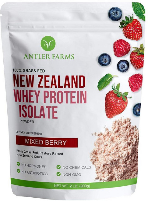 Antler Farms - 100% 목초 사육 뉴질랜드 분리 유청 단백질 혼합 베리 맛 30회분 0.9kg(2파운드) - 맛있고 냉간 가공 빠른 흡수 케토 친화적 호, 믹스 베리, 1개, 900g